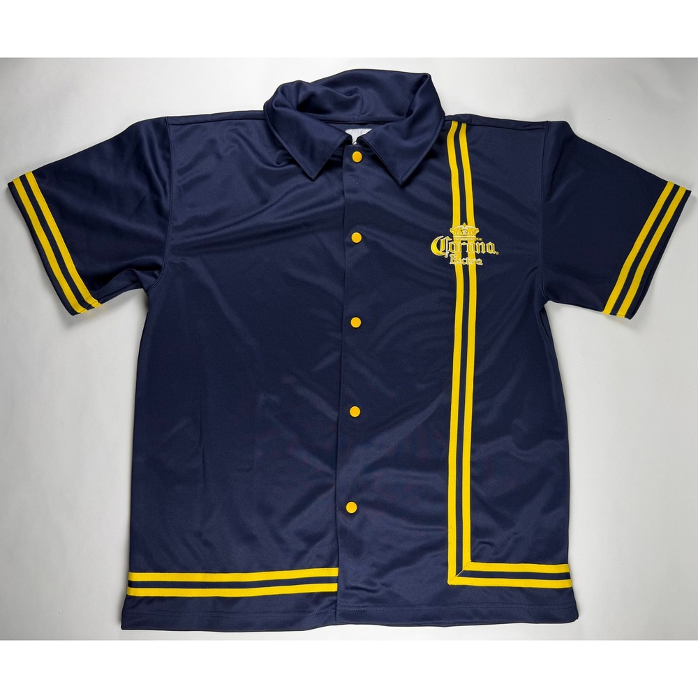 Vintage Corona Extra Bowling Shirt Men's XL‎  Navy Blue Yellow Stripe Polyester